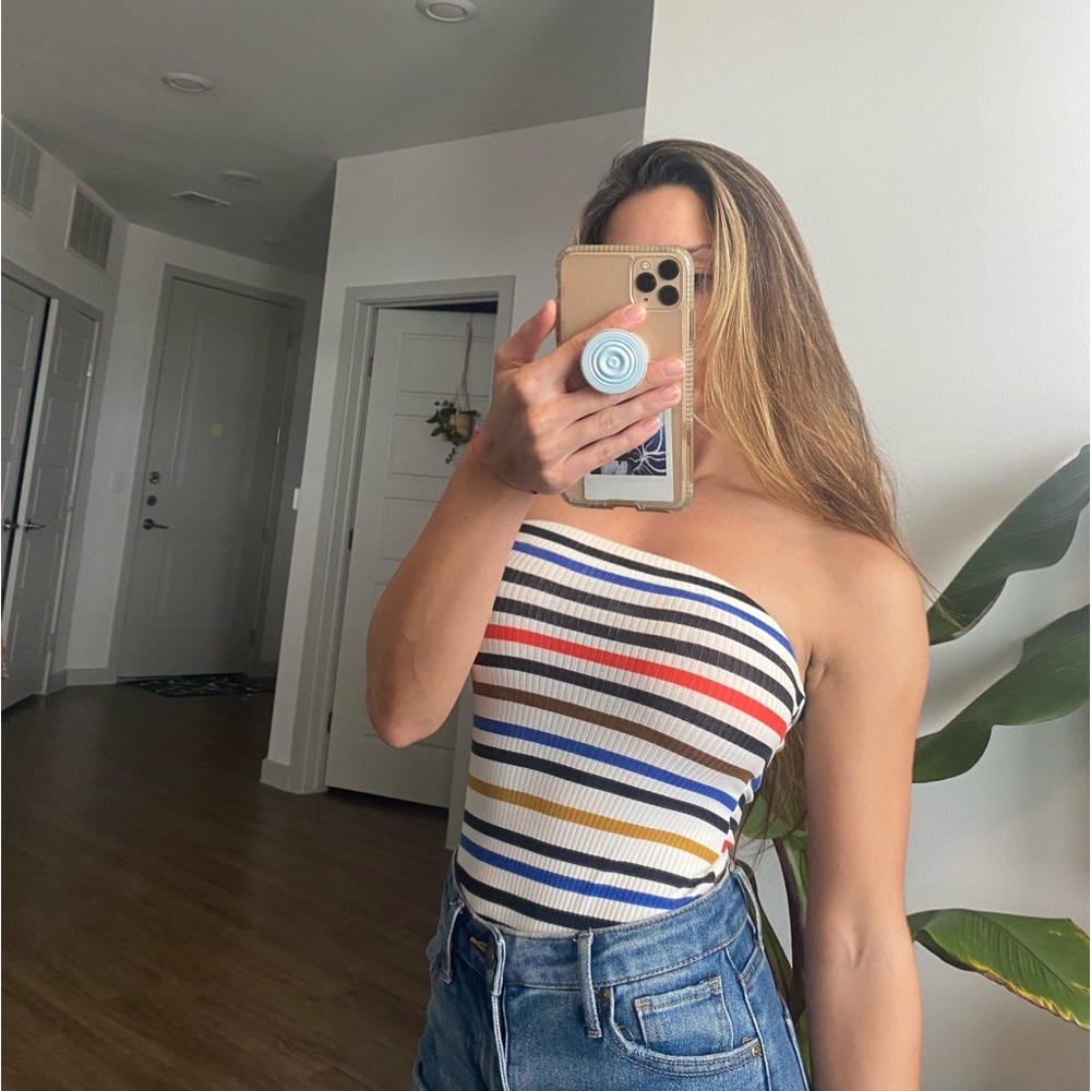Multicolor Urban Outfitters striped strapless multicolor bodysuit, size XS 🌈✨